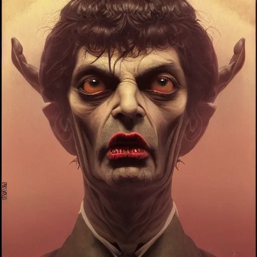 Prompt: A sensual Satanic Mr. Bean, fullbody, psychedelic, intricate, horror, highly detailed, artstation, concept art, smooth, sharp focus, illustration, art by greg rutkowski and orientalism and bouguereau and Zdzislaw Beksinski, good clear quality, lighting, horror, evil, biology, symmetrical artwork, perfect face, 135 mm, cinematic, hyper realism, high detail, octane render, 8k, chrome accents