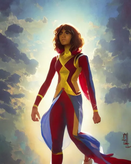 Image similar to A Full View of Kamala Khan played by Iman Vellani, filled with wonder. MCU. John Hughes film. masterpiece 4k digital illustration by Ruan Jia and Mandy Jurgens and Artgerm and greg rutkowski and Alexander Tsaruk and WLOP and william-adolphe bouguereau, award winning, Artstation, art nouveau aesthetic, Alphonse Mucha background, intricate details, realistic, panoramic view, Hyperdetailed, 8k resolution, intricate art nouveau