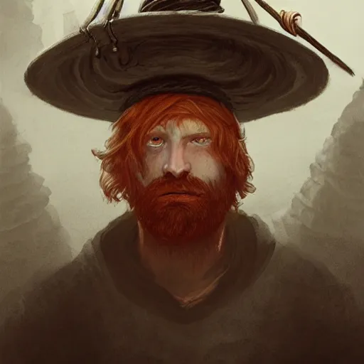 Prompt: realistic portrait of young redheaded bearded dwarf, wild magic sorcerer, with wizard hat and knotted walking staff, dungeons and dragons, by Elodie Mondoloni, detailed intricate ink illustration, dark atmosphere, detailed illustration, hd, 4k, digital art, overdetailed art, concept art, by greg rutkowski, by loish, complementing colors, Trending on artstation, deviantart