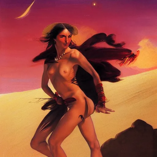 Image similar to Silk sheet desert ecstasy Bedouin under crimson azure diamond sky, in the style of Frank Frazetta, Jeff Easley, Caravaggio, extremely clear and coherent, clear lines, 8K revolution