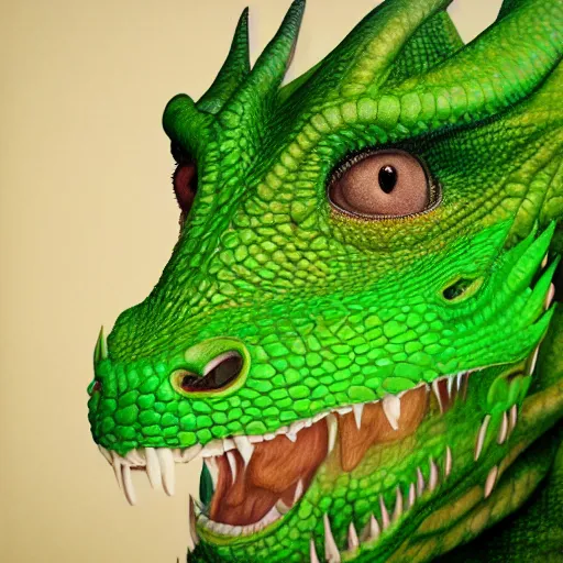 Image similar to realistic, portrait, painting, large green dragon, kodachrome, cgi, hd, detailed