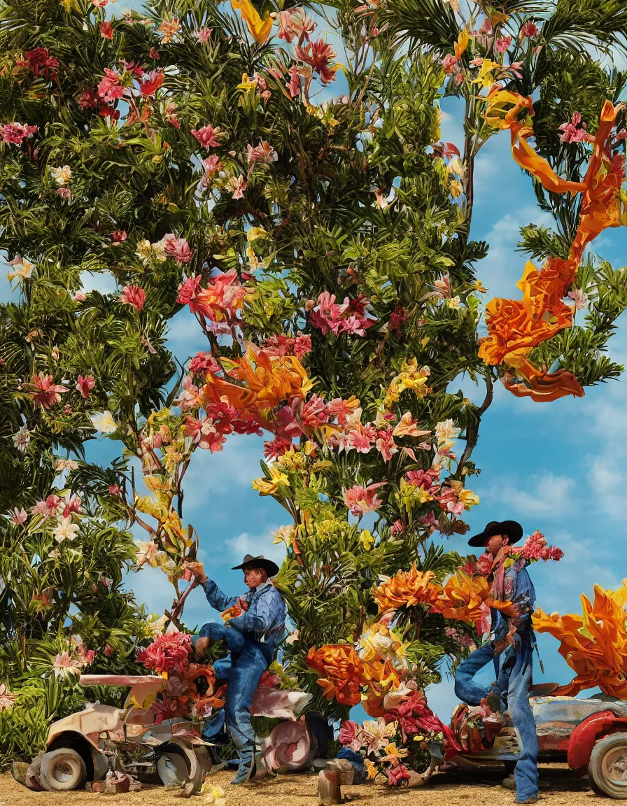 Prompt: a cowboy turning into blooms by slim aarons, by zhang kechun, by lynda benglis. tropical sea slugs, brutalist angular sharp tractor tires. complementary colors. warm soft volumetric dramatic light. national geographic. 8 k, rendered in octane, smooth gradients. origami sculpture by antonio canova.