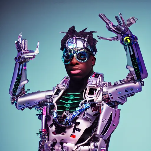 Image similar to a cinematic film still of rapper unotheactivist as a cybernetic cyborg, cgi, surrealism, film photography