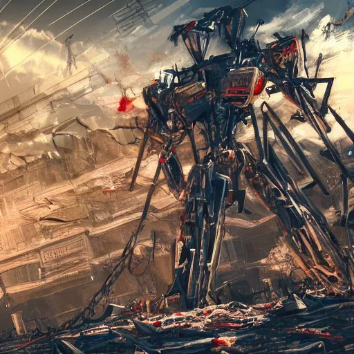 Prompt: a mecha pilot is impaled violently on a piece of rebar amongst building debris, digital painting masterpiece by joji morikawa, 4 k anime wallpaper, bloody