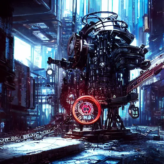 Image similar to Beautiful Photo of the Time Machine. Gear mechanism. Cyberpunk. splatterpunk. 4K. Grim future
