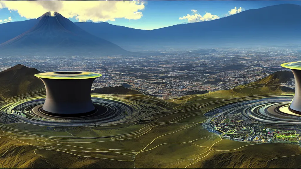 Prompt: Epic Giant Nuclear Reactor over the mountain valley of Quito, Ecuador; by Oswaldo Moncayo and Vincent Callebaut; Avatar Computer Graphics Cinema Style; 4K, 8K; ultimate landscape shot;