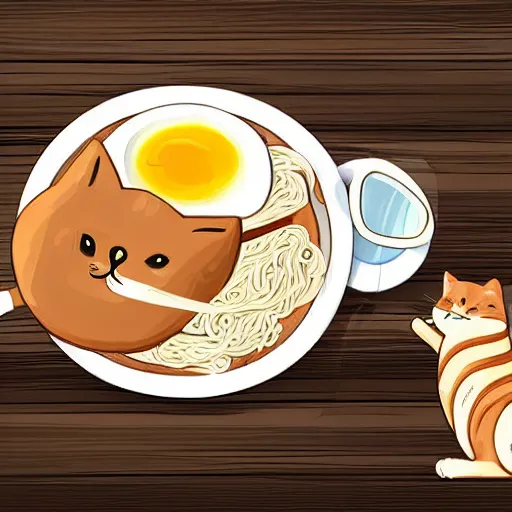 Image similar to cute fat cat sitting in front of ramen noodles on toast, photo realistic