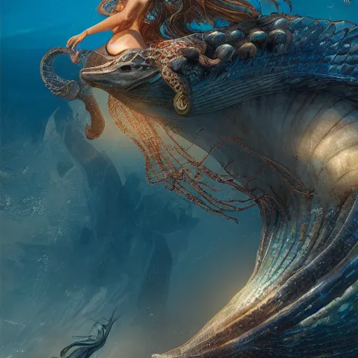 Prompt: a mermaid looking at a giant seahorse above the city of atlantis, by Cedric Peyravernay, highly detailed, excellent composition, cinematic concept art, dramatic lighting, trending on ArtStation