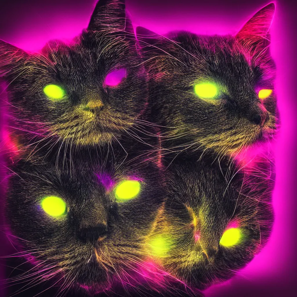 Image similar to face of a glowing cat, neon light, black background, digital art