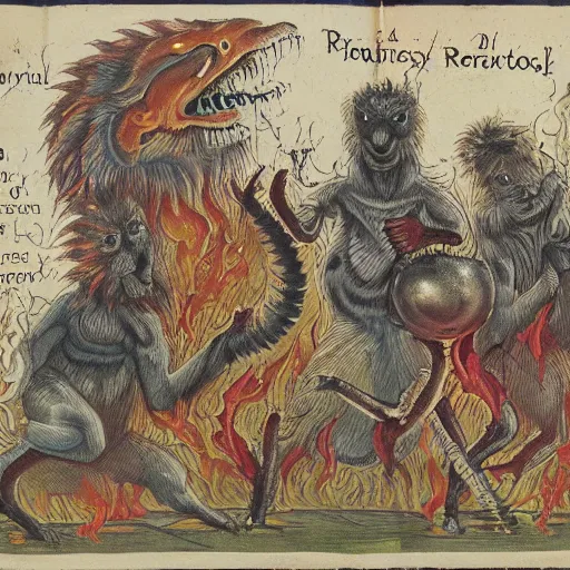 Image similar to bizarre bestiary of repressed emotional creatures starting a fiery revolution in the psyche