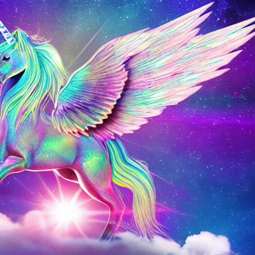 Image similar to 8 k capture scan of a iridescent unicorn with wings dancing in a garbage dump, the sky has the milky way, high textured, conceptual, intricate detailed photography, illustration sharp