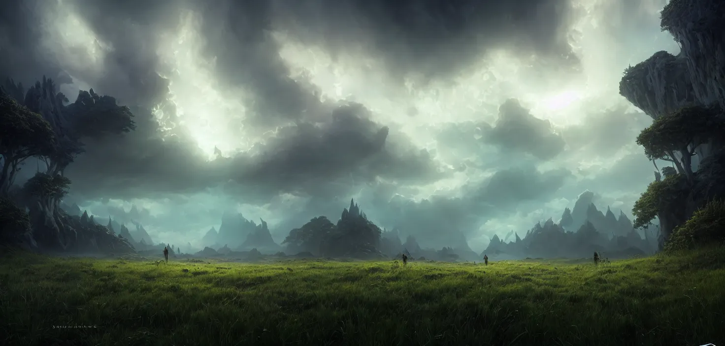 Prompt: entrance to ethereal realm, rendered in unreal engine, central composition, symmetrical composition, cinematic, epic, dramatic lighting, cinematic view, epic sky, detailed, concept art, low angle, high detail, warm lighting, volumetric, godrays, vivid, beautiful, trending on artstation, by jordan grimmer, huge scene, grass, art greg rutkowski