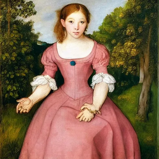 Image similar to by eugene delacroix, by lucas cranach the elder graceful. a conceptual art of a young girl with blonde hair, blue eyes, & a pink dress. she is standing in a meadow with flowers & trees.