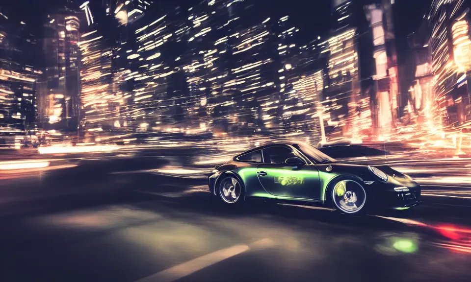 Prompt: photo of a porsche 911 at night driving fast through a city, cinematic, 4k, long exposure photography, tokyo drift, fast and furious, film still, night photography, motion blur, lens flare