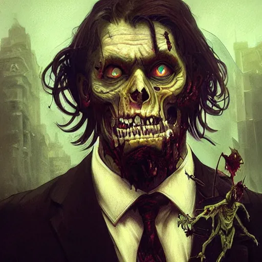 Image similar to a zombie in a business suit, artists portrait, fantasy, highly detailed, digital painting, concept art, sharp focus, depth of field blur, illustration, art by artgerm and greg rutkowski and alphonse mucha