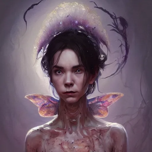 Image similar to alien dark fae girlboss based on jennifer connelly mixed with anya taylor - joy, bumpy mottled skin, big black feathered wings instead of arms, body horror, expressive oil painting, by yoshitaka amano, by greg rutkowski, by jeremy lipkinng, by artgerm, digital art, octane render