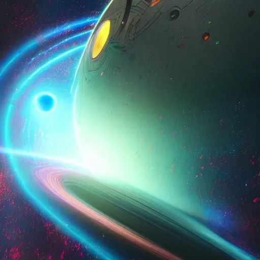 Image similar to glowing glorious 3D black hole in movie, intergalactic, space theme, galaxy colored, hyperdetailed, digital painting, trending on Artstation, cel-shading style, CG society, hyperdetailed, digital painting, hypermaximalist, golden ratio, volumetric, octane render, weta digital, micro details, 3d sculpture