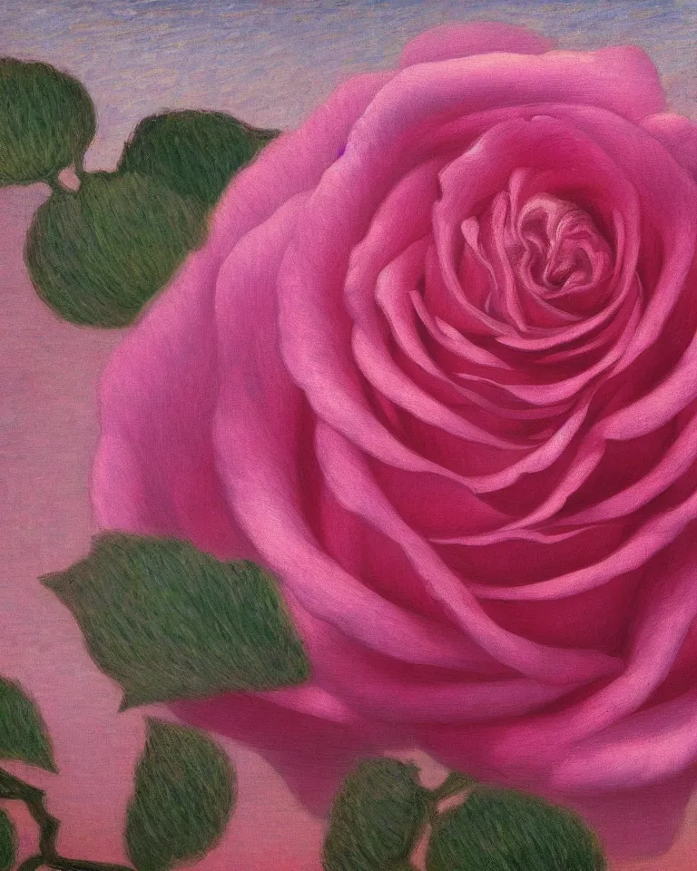 Prompt: achingly beautiful extreme close up painting of blooming pink rose by rene magritte, monet, and turner. piranesi. macro lens, symmetry, circular.