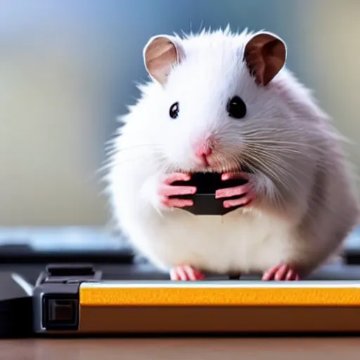 Prompt: white hamster holding a controller with its little pawns, playing on a little nintendo switch