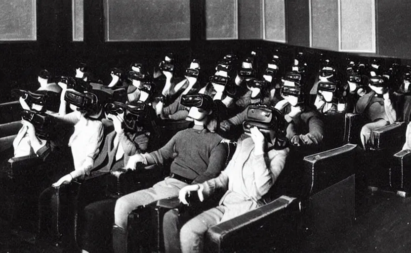 Image similar to 1 9 0 0 s photo of people wearing virtual reality headsets vr in a movie theater masterpiece old photograph