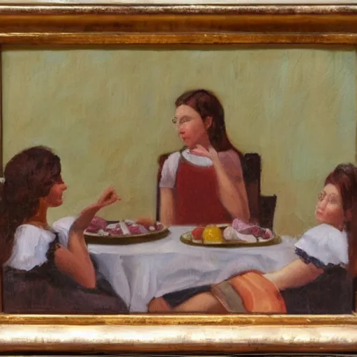 Prompt: four girls sitting and discussing life at a table, oil on canvas