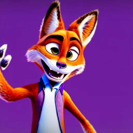 Image similar to Nick Wilde (from Zootopia) wearing a purple uniform