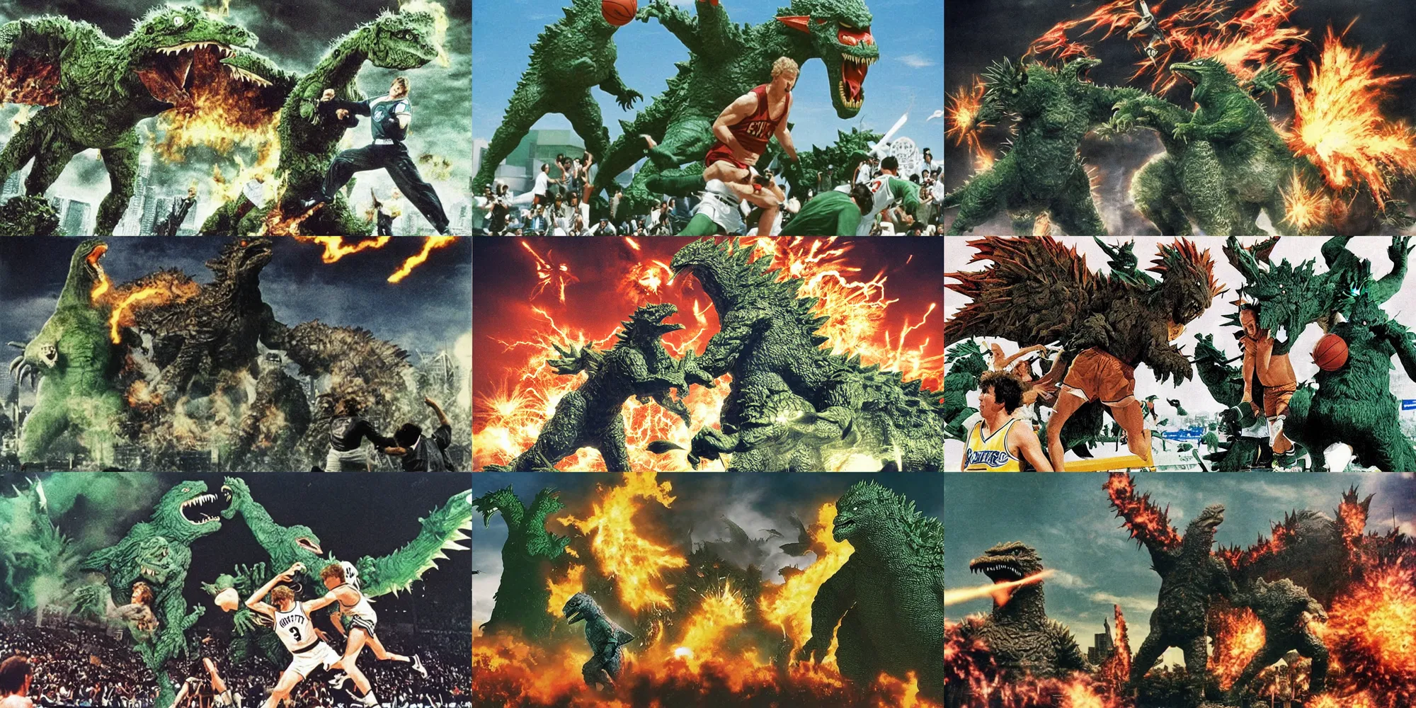 Prompt: giant larry bird fighting godzilla, tokyo, destruction, battle