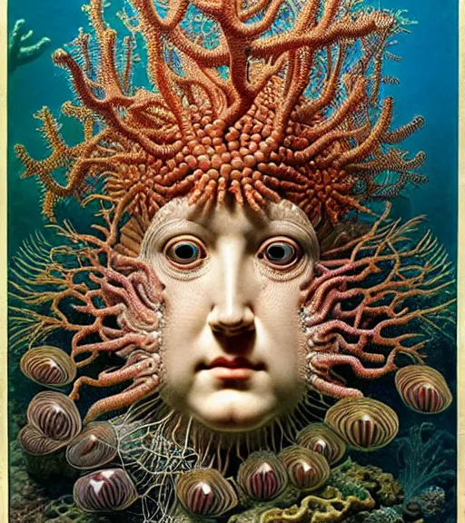 Image similar to hyperrealistic detailed underwater face portrait of the beautiful god of the fish with an intricate headgear of corals, sea kelp, sea plants, fish, starfish, jellyfish, art by ernst haeckel, james jean, john william godward, gothic, neo - gothic, ornamental, beautiful deep colours,