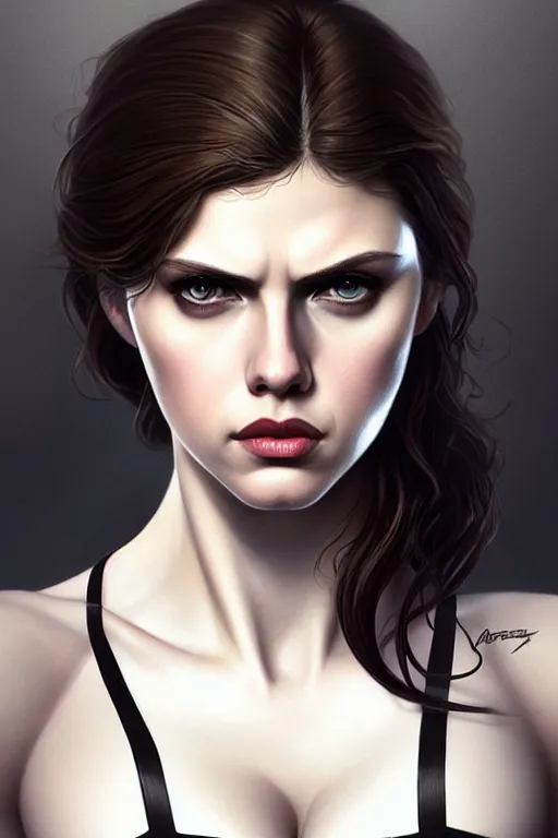 Image similar to alexandra daddario as black widow, realistic portrait, symmetrical, highly detailed, digital painting, artstation, concept art, smooth, sharp focus, illustration, cinematic lighting, art by artgerm and greg rutkowski and alphonse mucha