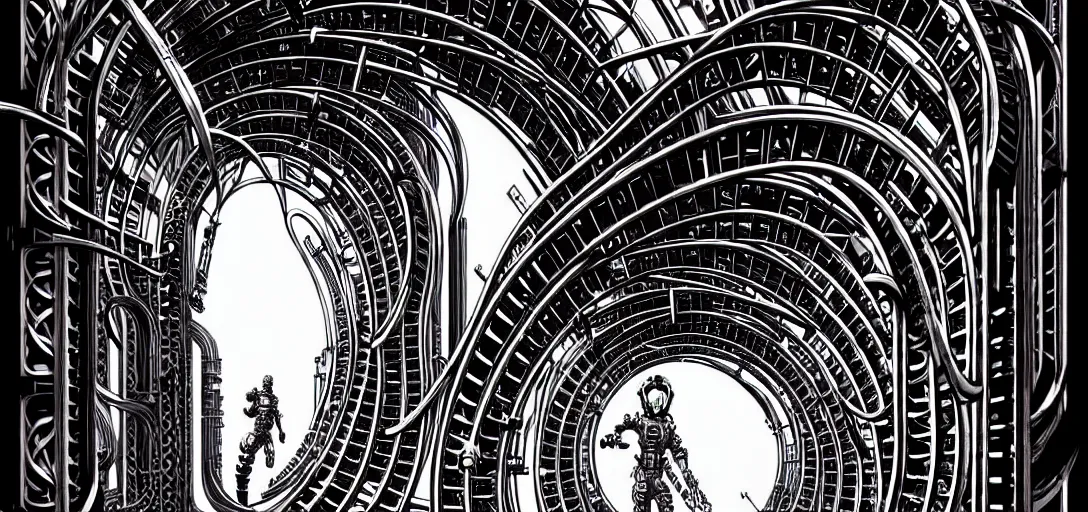 Image similar to a double helix dna cyberpunk steampunk carved archway in space, high details, lineart, by vincent di fate and joe fenton, inking, screen print, masterpiece, trending on artstation, sharp, high contrast, hyper - detailed,, hd, 4 k, 8 k