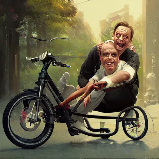 Prompt: hyper realistic absurd, silly, making faces, steve buscemi riding a tiny tricycle, painted by greg rutkowski, wlop, artgerm