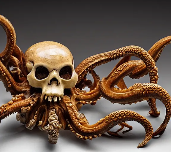 Image similar to an intricately detailed carving in an human - octopus skull, rococo ornate bone and ivory sculpted skull with teeth and tentacles, horror, artifact, micro detailed, inscribed with occult symbols, otherworldly