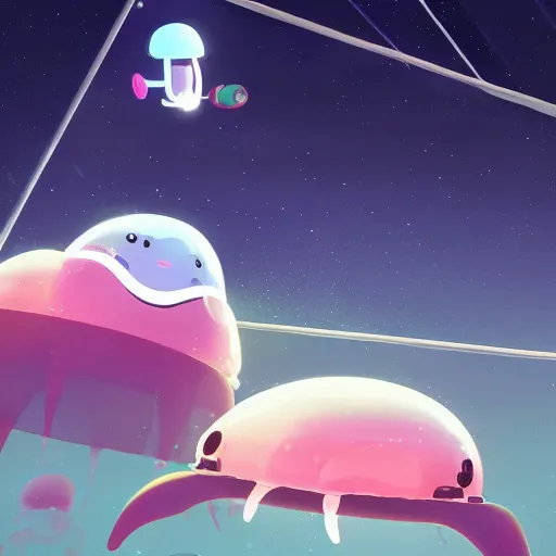 Image similar to baby harp seals being eaten by a jellyfish robots on a crystalline alien world, atey ghailan, goro fujita, studio ghibli, scary lighting, clear focus, very coherent