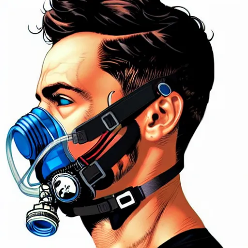 Image similar to portrait of a male diver with a oxygen mask intricate details mask in side profile by MARVEL comics and Sandra Chevrier