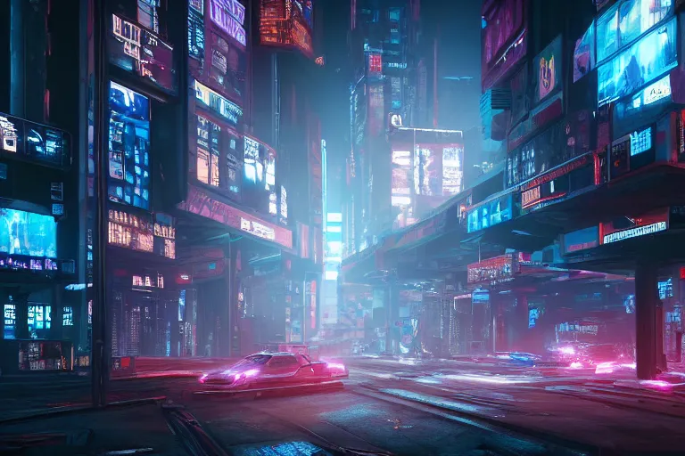 Prompt: wide-angle high-res rendering of the inside of cyberpunk street with large screens in 2077, intricate, elegant, sunrays, trending on Artstation, stunning volumetric lighting, Unreal Engine, 8K