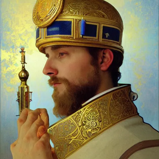 Prompt: painting of russian orthodox astronaut priest with gold visor by alphonse mucha, greg rutkowski, and bekzinski