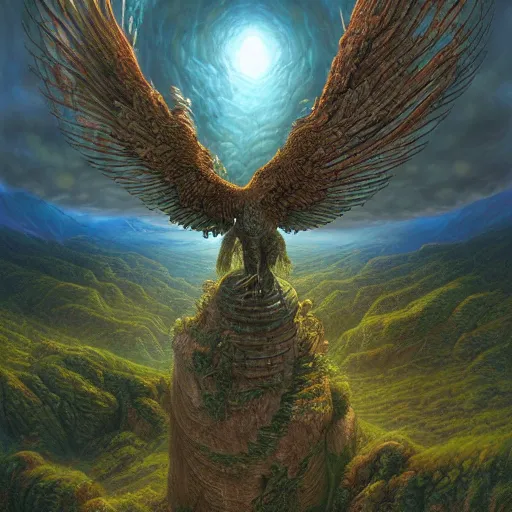 Image similar to of an impossible landscape with a infinite multi dimension portal, a beautiful ultradetailed matte painting of Quetzalcoatl flying over a lush mountain range at dusk by tomasz alen kopera and Justin Gerard and Dan Mumford, tarot card, dazzling energy, ultra wide angle shot, high angle shot, intricate, fractal magic, rays of god, hyperdetailed, micro details, volumetric lighting, 8k, ray tracing, polarized lens