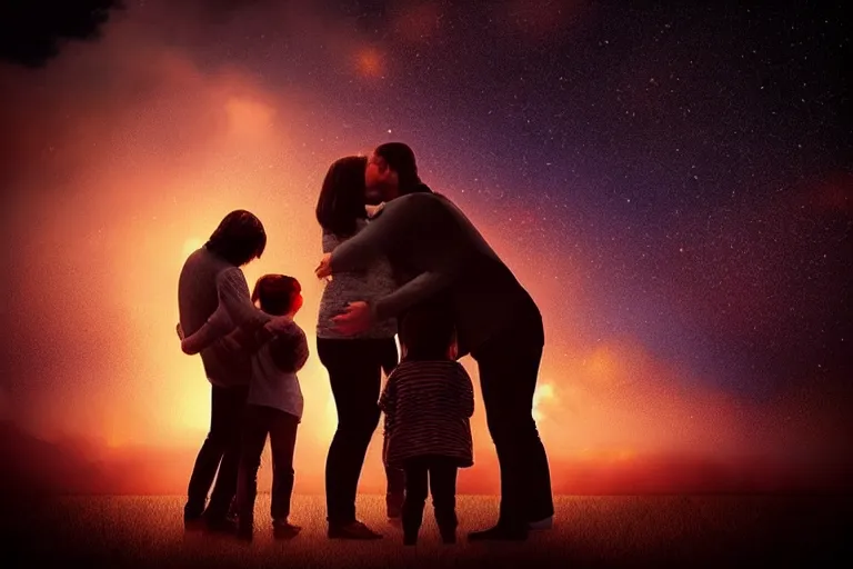 Prompt: “A family hugging each other for the last time as the world is ending, meteors are falling from the sky, everything is on fire, dramatic lighting, digital art, beautiful, 8K, dark lighting, trending on Artstation, award winning”