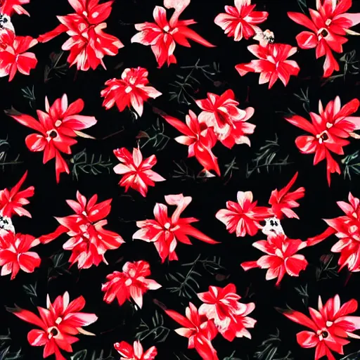 Prompt: aloha shirt black flower on red, photograph, realistic, filmic, cinematic