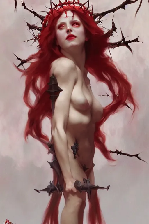 Prompt: Portrait of beautiful pale laughing succubus maiden with crown of thorns and glowing red eyes, Warhammer 40000, digital art from artstation by Ruan Jia and Mandy Jurgens and Artgerm and william-adolphe bouguereau