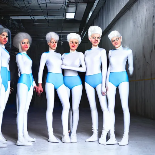 Image similar to troop of freak show women with white hair, white hair, tight light blue neopren suits, futuristic production facility, sci - fi, highly detailed, cinematic