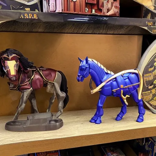 Image similar to full - color photo of a transformers toy that is a roman soldier which transforms into a horse - drawn chariot, displayed on a shelf in a toy store.