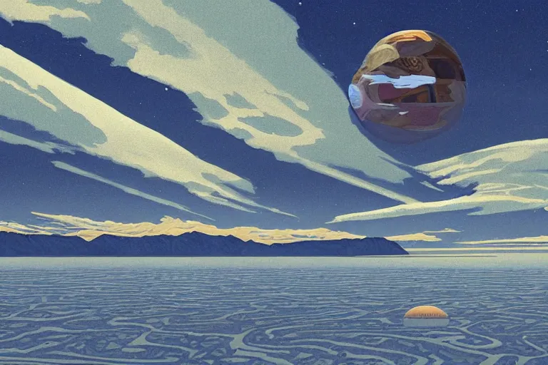 Prompt: a giant ((((metallic)))) floating sphere covered in canadian aboriginal!!! patterns!! hovering above a Yukon lake, (painted by Ralph McQuarrie), matte painting, concept art