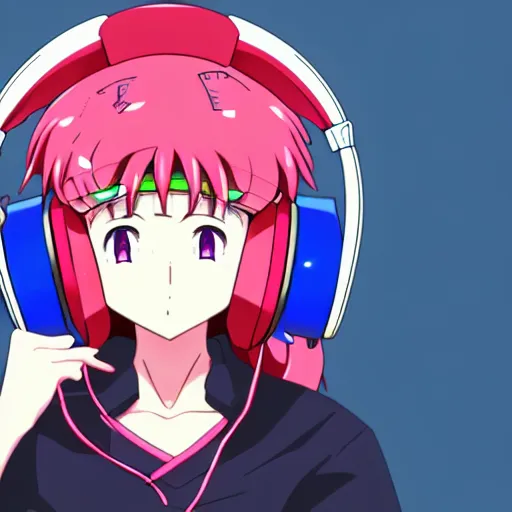 Image similar to An anime character's head wearing retro headphones. 90s anime, Sailor Moon, Neon Genesis, official art, flat cell shading, fantastic screenshot art, trending on artstation