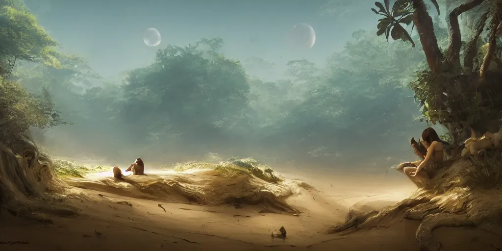 Image similar to jungle in the sands sleeping unbroken dreams under the ivory light of two moons, Darek Zabrocki, Marcin Rubinkowski, Lorenzo Lanfranconi, Karlkka, trending on Artstation, 8K