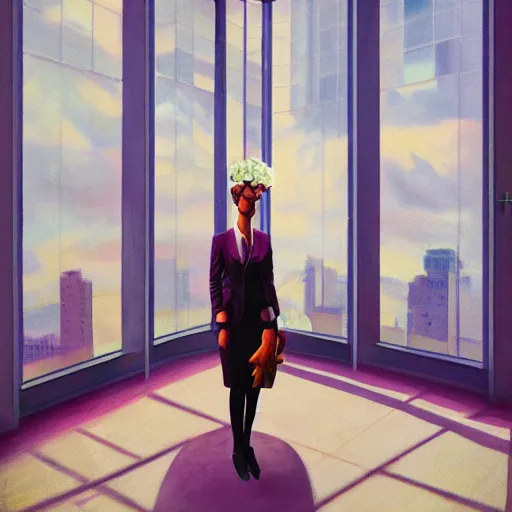 Image similar to huge flower as head, woman in suit standing by tall windows, modernist luxury apartment, surreal photography, sunlight, impressionist painting, digital painting, artstation, simon stalenhag