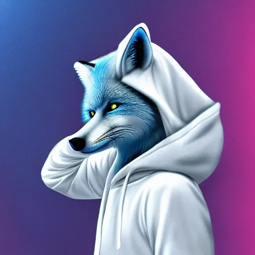 Prompt: anthropomorphic male blue fox furry fursona with handsome eyes, wearing a white hoodie, dramatic action movie poster, realistic hdr