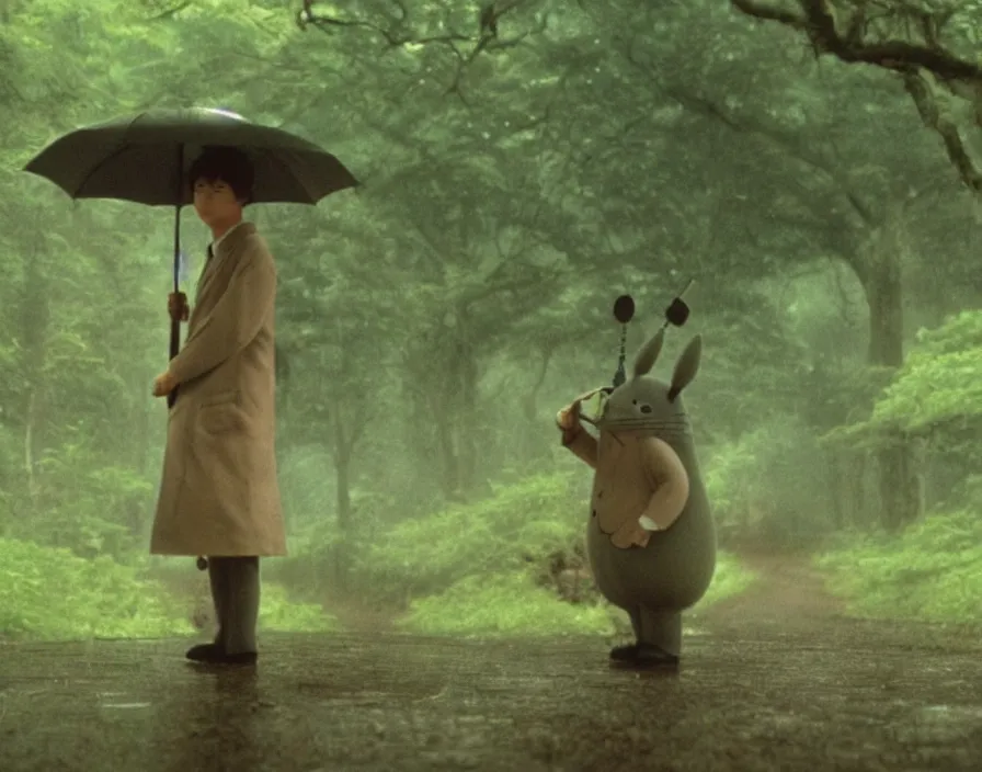 Prompt: A Retzling standing with Totoro at a japanese bus stop, holding an umbrella, in the forest, rainy night, film screenshot, Studio Ghibli, Hayao Miyazaki, —TEST