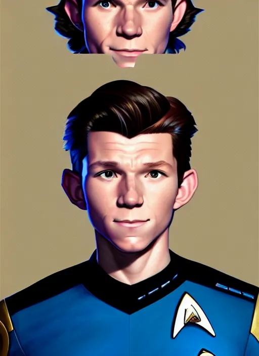 Image similar to cute star trek officer tom holland, natural lighting, path traced, highly detailed, high quality, digital painting, by don bluth and ross tran and studio ghibli and alphonse mucha, artgerm