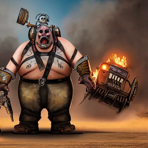 Image similar to roadhog from overwatch as immortan joe from mad max fury road, 4k, high detail, high-resolution photograph, professional photography, ultra-detail